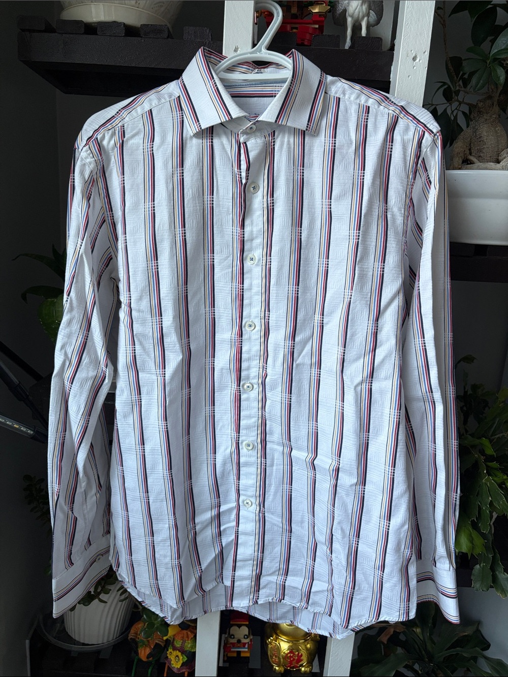 Bugatchi White Dress Shirt with Red and Navy Stripe Detail